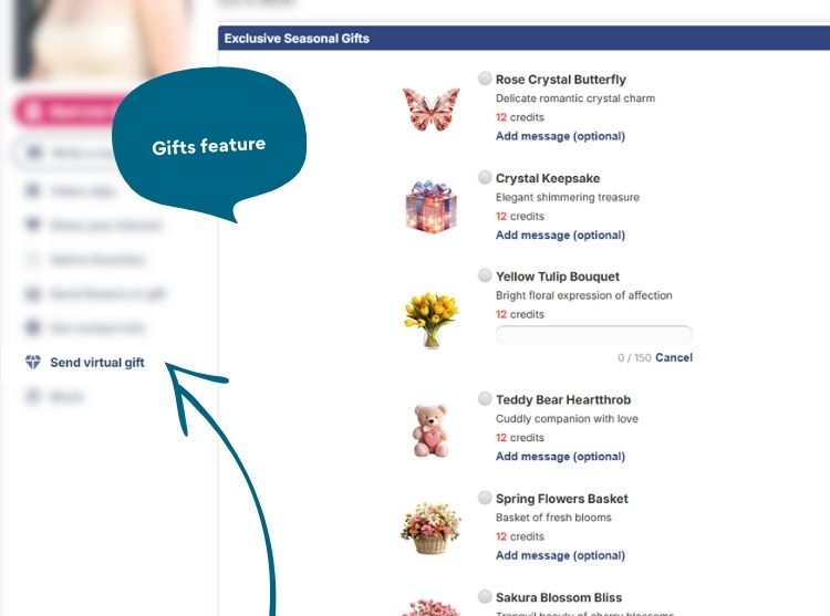 Gifts feature on GoDateNow